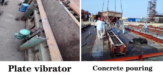 Concrete pouring during the prefabrication of square piles Concrete pouring during the prefabrication of square piles